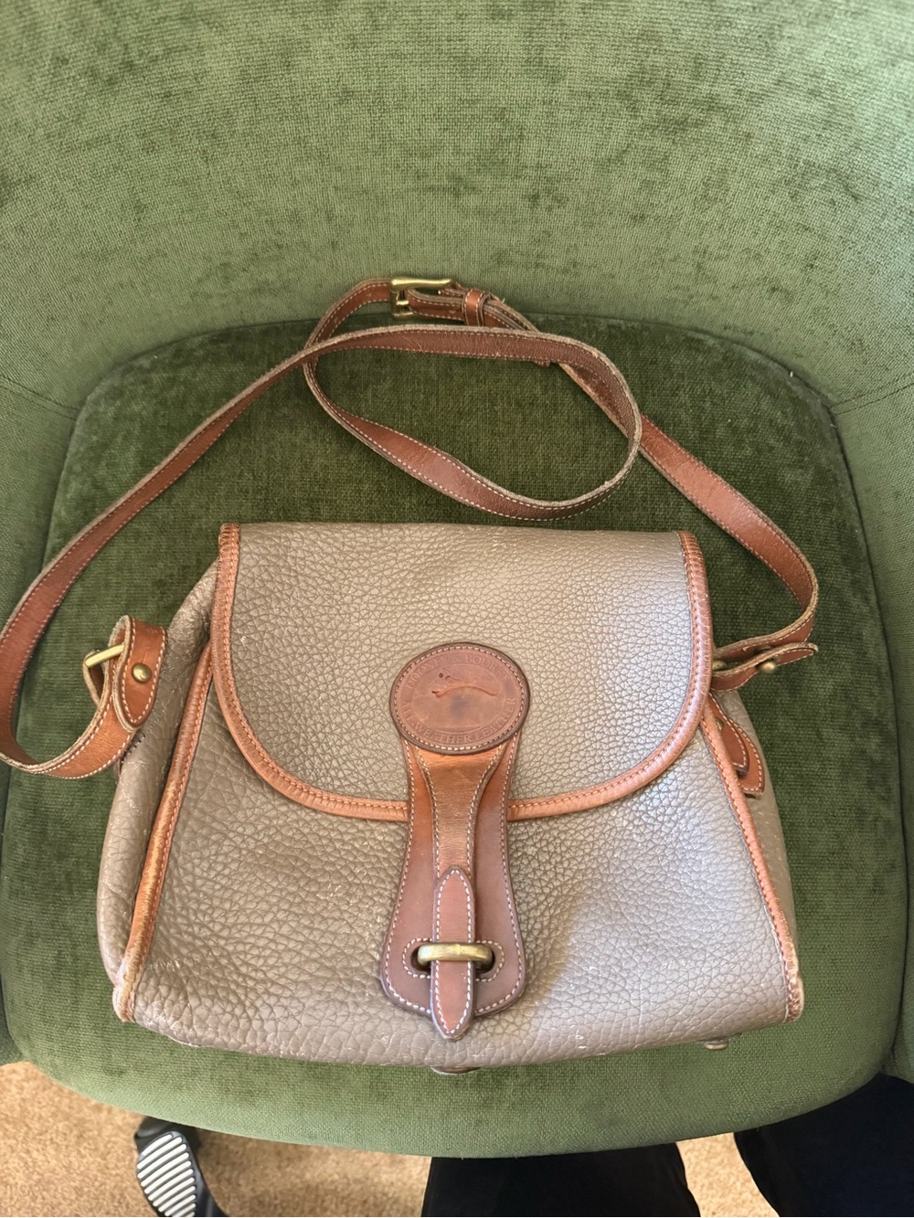 Vintage Dooney and Bourke Leather Crossbody Bag in Taupe with Brown Trim
